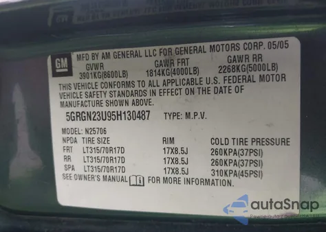 2005 Hummer H2 Suv z USA, uszkodzony, nr VIN 5GRGN23U95H130487